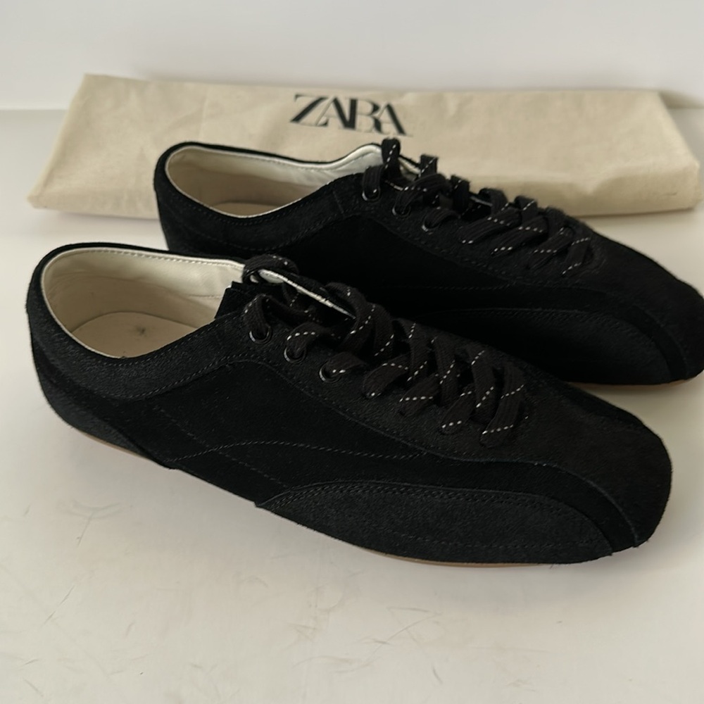 Zara Men's Retro Split Leather Black Sneakers - Picture 3 of 12